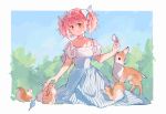  1girl alternate_costume animal bird bird_on_hand blue_sky border bow chinese_commentary choker collarbone commentary_request day deer dress full_body hair_bow highres kaname_madoka looking_at_animal mahou_shoujo_madoka_magica mahou_shoujo_madoka_magica_(anime) outdoors outside_border petting pink_eyes pink_hair rabbit short_hair short_sleeves short_twintails sitting sky smile solo squirrel sunlight tree twintails white_border white_bow white_choker white_dress ziyin 