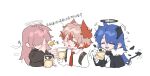  3girls alcohol arknights beer beer_mug black_jacket blue_hair bright_pupils chibi closed_eyes collared_shirt cup demon_horns demon_tail energy_wings feather_hair fiammetta_(arknights) fur-trimmed_jacket fur_trim gloves halo highres horns jacket lemuen_(arknights) long_hair long_sleeves molu_stranger mostima_(arknights) mug multiple_girls necktie open_mouth pink_hair red_hair red_necktie shirt short_hair simple_background tail white_background white_gloves white_pupils white_shirt 