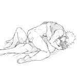  2boys anal ass bakugou_katsuki boku_no_hero_academia boy_on_top censored completely_nude dailykrumbs greyscale hand_in_another&#039;s_hair highres hug lineart looking_at_another male_focus midoriya_izuku monochrome mosaic_censoring multiple_boys nude penis sex shirt shirt_lift short_hair simple_background spiked_hair straddling sweat white_background yaoi 