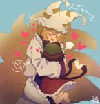  2girls =3 animal_ears bangs blonde_hair blue_background blue_tabard blush brown_hair cat_ears cat_tail chen closed_eyes commentary_request dress fox_tail frilled_dress frilled_skirt frilled_sleeves frilled_tabard frills glomp green_headwear hat heart heart_tail hug kitsune kyuubi leg_up long_dress long_sleeves mob_cap multiple_girls multiple_tails nekomata open_mouth pillow_hat red_skirt short_hair sidelocks simple_background skirt smile sokura_(mochichitose) speech_bubble spoken_heart tabard tail tassel touhou two_tails white_dress white_headwear yakumo_ran 