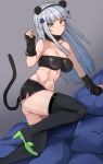  1girl animal_ears armpit_crease ass bandeau bare_shoulders black_bandeau black_gloves black_shorts black_thighhighs blue_cross blunt_bangs breasts cat_ears cat_tail cleavage clenched_hand collarbone commentary cross_hair_ornament cushion english_commentary facial_mark fake_animal_ears fake_tail fingerless_gloves foot_out_of_frame from_side girls&#039;_frontline gloves green_eyes green_footwear grey_hair hair_ornament hair_over_shoulder hand_up head_tilt high_heels highres hk416_(girls&#039;_frontline) justeeeeth knee_up leaning leaning_forward long_hair medium_breasts navel panties parted_bangs pillow short_shorts shorts sidelocks solo tail tattoo teardrop teardrop_facial_mark teardrop_tattoo thighhighs thighs underwear white_hair 