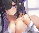  1girl bare_shoulders black_hair bottomless breasts choker collarbone colored_inner_hair demon_horns dress_shirt hair_over_one_eye heart heart-shaped_pupils highres horns indie_virtual_youtuber large_breasts long_hair looking_at_viewer lying multicolored_hair naked_shirt no_bra official_alternate_costume on_stomach open_clothes open_shirt parted_lips prism_project purple_eyes purple_hair rifufu rikudou_yura shirt solo streaked_hair symbol-shaped_pupils very_long_hair virtual_youtuber white_choker white_shirt window 