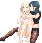  2girls ;d bangs barefoot black_shorts blue_hair blush brown_legwear byleth_(fire_emblem) byleth_(fire_emblem)_(female) cleavage_cutout closed_eyes closed_mouth clothing_cutout dress edelgard_von_hresvelg fire_emblem fire_emblem:_three_houses fukuroumori hair_between_eyes hair_intakes hair_ribbon highres hug hug_from_behind legwear_under_shorts long_hair midriff multiple_girls navel one_eye_closed open_mouth panties pantyhose pantyshot pleated_dress purple_ribbon ribbon short_dress short_shorts short_sleeves shorts silver_hair simple_background sitting sleeveless sleeveless_dress smile spaghetti_strap stomach sundress underwear white_background white_dress white_panties yuri 