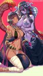 2girls :o ahnei apophis_(monster_girl_encyclopedia) areola_slip areolae armlet arms_behind_back bandages bangs bare_shoulders black_sclera blunt_bangs blush breasts brown_hair colored_sclera colored_skin commission covered_nipples dark_skin dark_skinned_female earrings eyebrows_visible_through_hair highres jewelry lamia large_breasts long_hair monster_girl monster_girl_encyclopedia multiple_girls navel pharaoh_(monster_girl_encyclopedia) piercing pointy_ears purple_hair purple_skin red_background red_eyes restrained second-party_source seiza simple_background sitting smile tail tail_wrap tattoo very_long_hair yellow_eyes yuri 
