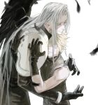  2boys arms_around_back bangle belt black_coat black_feathers black_gloves black_pants black_sweater blonde_hair blue_eyes bracelet closed_eyes cloud_strife coat commentary english_commentary feathered_wings feathers final_fantasy final_fantasy_vii gloves grey_hair hand_on_another&#039;s_shoulder high_collar highres jewelry light_smile long_bangs long_coat long_hair long_sleeves male_focus multiple_boys one_eye_covered pants parted_bangs parted_lips scared sephiroth single_wing sleeveless sleeveless_sweater sleeveless_turtleneck suspenders sweater turtleneck turtleneck_sweater upper_body very_long_hair white_background wide-eyed wings xscr1205 