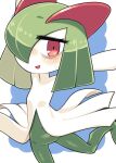  arms_up bags_under_eyes blue_background blush colored_skin green_hair hair_over_one_eye highres horns ino_(tellu0120) kirlia looking_at_viewer multicolored_skin open_mouth pink_eyes pokemon pokemon_(creature) sidelocks simple_background sweatdrop two-tone_skin white_skin 