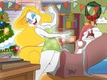 animaniacs anthro big_breasts breasts christmas christmas_clothing christmas_headwear christmas_tree cleavage clothed clothing dancing dave_alvarez duo eyes_closed female hat headgear headwear hi_res holidays mammal minerva_mink mink mustelid musteline open_mouth open_smile plant rodent santa_hat sciurid slappy_squirrel sleeping smile thick_thighs tree tree_squirrel true_musteline warner_brothers wide_hips