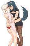  2girls after_kiss animal_ears ass_grab bangs black_shorts blue_eyes blue_hair breasts brown_legwear byleth_(fire_emblem) byleth_(fire_emblem)_(female) cleavage cleavage_cutout clothing_cutout dress dress_lift edelgard_von_hresvelg eye_contact eyebrows_visible_through_hair fang fire_emblem fire_emblem:_three_houses from_side fukuroumori groin hair_between_eyes heart highres legwear_under_shorts lifted_by_another long_hair long_sleeves looking_at_another medium_breasts midriff multiple_girls navel panties pantyhose pink_dress purple_eyes red_panties saliva saliva_trail shiny shiny_hair short_shorts shorts shoulder_blades silver_hair simple_background sketch stomach sweatdrop tail twintails underwear white_background wolf_ears wolf_tail yuri 