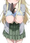  1girl arms_behind_back black_necktie blonde_hair blue_bra blush boku_wa_tomodachi_ga_sukunai bow bow_bra bra bra_lift breasts breasts_out brown_shirt cardigan collared_shirt commentary_request cowboy_shot frilled_skirt frills green_skirt grey_cardigan head_out_of_frame highres kashiwazaki_sena large_breasts leaning_forward long_hair morisobo mouth_hold necktie nipples open_cardigan open_clothes open_shirt plaid plaid_skirt pleated_skirt school_uniform shirt simple_background skirt solo st._chronica_academy_school_uniform standing sweat underwear very_long_hair white_background 