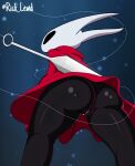 anthro arthropod black_body black_eyes blue_background butt butt_focus clothed clothing digital_drawing_(artwork) digital_media_(artwork) dress empty_eyes female genitals hi_res hollow_knight hornet_(hollow_knight) improvised_weapon insect low-angle_view no_underwear pussy rear_view red_clothing red_dress rick_lewd sewing_needle simple_background solo standing team_cherry upskirt