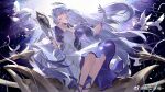  1girl aqua_eyes bare_shoulders bead_bracelet beads bird bracelet breasts cleavage detached_sleeves dress earrings floating_hair gloves halo hand_up head_wings highres holding holding_staff honkai:_star_rail honkai_(series) jewelry long_hair looking_to_the_side open_mouth purple_dress purple_hair robin_(honkai:_star_rail) short_sleeves sitting smile solo staff teeth two-tone_dress upper_teeth_only white_dress white_gloves white_wings wings ye_xing_caomei 