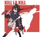  1girl arknights black_hair blue_eyes choker commentary commentary_request cosplay english_text hat highres jacket kill_la_kill long_sleeves looking_at_viewer matoi_ryuuko multicolored_hair open_clothes pantyhose patch red_background red_hair scissor_blade_(kill_la_kill) shadow short_hair solo streaked_hair two-tone_hair weapon yi_zhi_qiu_qiu_qiu zima_(arknights) zima_(arknights)_(cosplay) 