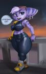  2024 anthro big_breasts bodily_fluids bottomwear breasts clothed clothing dialogue digital_media_(artwork) ear_piercing english_text exercise female fur hi_res huge_thighs lombax mammal nipple_outline pants piercing purple_body purple_fur ratchet_and_clank rivet_(ratchet_and_clank) robotic_arm short_stack solo sony_corporation sony_interactive_entertainment sweat text thick_thighs wabutt wide_hips workout yoga_pants 
