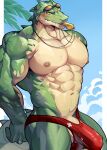 abs anthro athletic balls biceps bikini_thong blush blush_lines bodily_fluids bottomwear bulge chung0_0 clothed clothing countershading crocodile crocodilian crocodylid digital_media_(artwork) erection genitals green_body hi_res league_of_legends male multicolored_body muscular muscular_anthro muscular_male muscular_thighs navel nipples nude partially_clothed pecs penis pool_party_renekton renekton reptile riot_games scalie serratus simple_background solo sweat swimwear tail teeth tencent thong triceps two_tone_body underwear vein veiny_penis whistle_(object) yellow_eyes