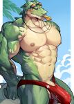  abs anthro athletic balls biceps bikini_thong blush blush_lines bodily_fluids bottomwear bulge chung0_0 clothed clothing countershading crocodile crocodilian crocodylid digital_media_(artwork) erection genitals green_body hi_res league_of_legends male multicolored_body muscular muscular_anthro muscular_male muscular_thighs navel nipples nude partially_clothed pecs penis pool_party_renekton renekton reptile riot_games scalie serratus simple_background solo sweat swimwear tail teeth tencent thong triceps two_tone_body underwear vein veiny_penis whistle_(object) yellow_eyes 