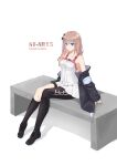  1girl absurdres asymmetrical_legwear bare_shoulders bench black_legwear blue_eyes breasts commentary_request dress eyebrows_visible_through_hair girls_frontline hair_ornament highres jacket kneehighs lisaaz long_hair long_sleeves multicolored_hair off_shoulder one_side_up pink_hair sitting sitting_on_bench sleeveless sleeveless_dress small_breasts smile solo st_ar-15_(girls_frontline) streaked_hair thigh_strap white_background white_dress 