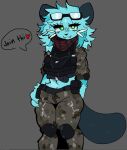  2024 anthro bared_fangs biped blue_body blue_fur clothing deerpilledd domestic_cat eyewear felid feline felis fur glasses green_eyes looking_at_viewer male mammal military_uniform scarf solo standing uniform 