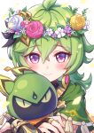  1girl ahoge blush breasts capelet closed_mouth collei_(genshin_impact) commentary cuilein-anbar_(genshin_impact) earrings flower_wreath genshin_impact green_capelet green_hair highres jewelry looking_at_viewer maruyama_en medium_breasts portrait purple_eyes smile solo 