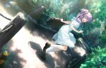  1girl ^_^ ankle_socks aqua_neckerchief bag black_bag brown_footwear closed_eyes dappled_sunlight dress dutch_angle facing_viewer flower forest full_body game_cg hair_bun hair_flower hair_ornament hasu_no_sora_school_uniform highres holding holding_bag leg_up link!_like!_love_live! loafers long_hair love_live! medium_dress nature neckerchief official_art open_mouth otomune_kozue outdoors pleated_dress purple_hair red_flower running sailor_collar sailor_dress school_bag school_uniform shadow shoes side_ponytail sidelocks single_side_bun smile socks solo summer_uniform sunlight third-party_source virtual_youtuber white_dress white_sailor_collar white_socks 