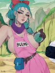  1girl belt belt_pouch black_gloves blue_eyes blue_hair bow breasts bulma character_name clothes_writing cloud dragon_ball dragon_ball_(classic) dragon_radar dress emmanuel_viola english_commentary gloves hair_bow highres large_breasts lipstick looking_at_viewer makeup motor_vehicle mountain outdoors pink_dress ponytail pouch red_bow scarf sideboob signature sky sleeveless solo 