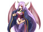  1girl :o alma_elma black_panties blue_cloak bmp-to-png_conversion breast_tattoo breasts bridal_gauntlets cleavage cloak demon_girl demon_horns demon_wings facial_tattoo feet_out_of_frame frfr game_cg grey_horns hair_between_eyes hand_on_own_hip highleg highleg_panties horns large_breasts leg_tattoo long_hair looking_at_viewer mon-musu_quest! monster_girl navel non-web_source open_mouth panties pointy_ears purple_bridal_gauntlets purple_hair purple_thighhighs red_eyes simple_background solo standing tail tattoo thighhighs transparent_background underwear very_long_hair wings 