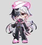  1boy belt black_cape black_eyes black_hair black_pants boothill_(honkai:_star_rail) cape chibi cowboy cowboy_hat ear_piercing earrings grin hair_over_one_eye hat highres honkai:_star_rail honkai_(series) jewelry lilbpeach long_hair mechanical_hands mole mole_under_eye one_eye_covered pants piercing pink_footwear pink_hat single_earring smile very_long_hair white_hair 