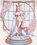  1girl absurdres animal_ear_fluff animal_ears arme_(cgsy7484) bare_shoulders breasts cleavage closed_mouth commission covered_navel crossed_legs dress elbow_gloves flower full_body gloves hair_flower hair_ornament hairband highres huge_breasts large_breasts long_hair long_legs looking_at_viewer multicolored_hair no_bra no_panties original pelvic_curtain pink_hair red_eyes shoes side-tie_dress sideboob single_thighhigh skindentation sleeveless sleeveless_dress smile solo standing streaked_hair tail thigh_strap thighhighs thighs veil watson_cross white_dress white_gloves white_thighhighs wide_hips wolf_ears wolf_girl wolf_tail 