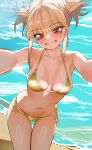  1girl absurdres beach bikini blonde_hair blush boku_no_hero_academia breasts brown_eyes clenched_teeth collarbone commentary double_bun english_commentary gold_bikini hair_bun highres looking_at_viewer medium_breasts ocean sand selfie short_hair side-tie_bikini_bottom slit_pupils smile solo swimsuit teeth thighs toga_himiko zd_(pixiv6210083) 