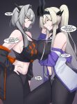  2girls absurdres arknights bare_shoulders black_pants black_shirt breast_press commentary crop_top eblana_(arknights) grey_background grey_hair grin hair_intakes highres horns kanta_(kanta_077) leggings long_hair looking_at_another midriff multiple_girls navel off_shoulder pants ponytail purple_eyes reunion_logo_(arknights) shirt sleeveless sleeveless_shirt smile speech_bubble sports_bra stomach symmetrical_docking talulah_(arknights) 