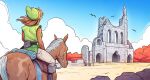  1girl belt belt_pouch bird boots brellom building cloud floating_hair from_behind genderswap genderswap_(mtf) hat horse horseback_riding link outdoors pointy_ears pointy_hat pouch reins riding rock ruins the_legend_of_zelda tree 