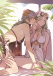  2girls adjusting_another&#039;s_hair all_fours beach_umbrella bikini black_bikini blue_hair breasts byleth_(fire_emblem) byleth_(fire_emblem)_(female) cape cleavage dagger fire_emblem fire_emblem:_three_houses fire_emblem_heroes flower green_hair hair_flower hair_ornament highres ikarin looking_at_another multiple_girls palm_tree plant rhea_(fire_emblem) shade sitting smile sunlight swimsuit tree umbrella wariza weapon yuri 