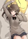  1girl absurdres amagami arm_up bed_sheet black_bow black_bowtie blush bow bowtie brown_eyes brown_hair closed_mouth from_above grey_skirt grey_sweater gyuunyuu_pack_(tanaka) highres kamizaki_risa kibito_high_school_uniform long_hair long_sleeves looking_at_viewer lying miniskirt on_back pillow pleated_skirt school_uniform skirt solo sweater 