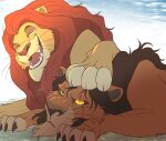 absurd_res annoyed brother_(lore) brothers_(lore) claws cloud disney duo felid feral glowing glowing_eyes hand_on_head happy hi_res laugh lion male male/male mammal mufasa pantherine paws sasamaru scar scar_(the_lion_king) sibling_(lore) the_lion_king unimpressed