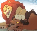  absurd_res annoyed brother_(lore) brothers_(lore) claws cloud disney duo felid feral glowing glowing_eyes hand_on_head happy hi_res laugh lion male male/male mammal mufasa pantherine paws sasamaru scar scar_(the_lion_king) sibling_(lore) the_lion_king unimpressed 