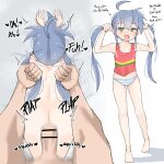  1boy 1girl absurdres ahoge all_fours ass blue_hair breasts doggystyle english_text from_behind grabbing_another&#039;s_hair green_eyes hair_between_eyes hetero highres izumi_konata long_hair lucky_star mole mole_under_eye navel panties penis petite plap sex simple_background small_breasts tank_top twintails underwear white_background zlix0n 