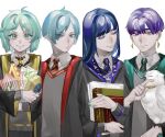  4others androgynous aqua_eyes aqua_hair bird black_robe blue_eyes blue_hair book closed_eyes closed_mouth commentary_request dangle_earrings diagonal-striped_clothes diagonal-striped_necktie earrings eyelashes ghost_to_human green_eyes green_hair gryffindor heterochromia holding holding_book houseki_no_kuni hufflepuff jewelry long_hair looking_at_viewer multiple_others nail_polish necktie owl phosphophyllite phosphophyllite_(ll) ravenclaw robe short_hair slytherin smile spoilers striped_clothes upper_body white_background white_eyes wizarding_world 