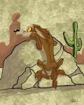  3_toes abstract_background anthro belly biped black_eyes black_nose boulder brown_body brown_fur bubble_butt butt cactus canid canine canis charcoal_(artwork) claws climbing colored countershade_torso countershading coyote crouching desert digital_drawing_(artwork) digital_media_(artwork) digital_painting_(artwork) ears_back ears_down evil_eyes eyebrows feet feet_together_knees_apart finger_claws fur glare glaring knees_up looney_tunes male mammal mixed_media nude on_rock paws pinup pivoted_ears plant plantigrade pose rear_view rock rock_climbing shaded side_view simple_background sitting sitting_on_rock sketch sneaky solo spine spying stevethedragon tan_belly tan_body tan_eyebrows tan_fur toe_claws toes traditional_media_(artwork) warner_brothers watching_from_afar wile_e._coyote yellow_background yellow_sclera 