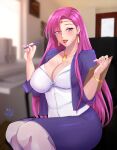  1girl alternate_costume breasts brunnya_(fire_emblem) cleavage contemporary earrings fire_emblem fire_emblem:_the_binding_blade highres holding holding_pen jewelry large_breasts lipstick long_hair makeup office_lady pen pendant pink_eyes pink_hair purple_eyes purple_hair rinku_bny signature 