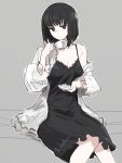  1girl absurdres black_eyes black_hair breasts cleavage closed_mouth collarbone commentary cup dress english_commentary expressionless frills grey_background highres holding jonyeld kuonji_alice long_sleeves looking_at_viewer mahou_tsukai_no_yoru medium_hair nightgown off_shoulder open_clothes saucer shirt short_hair single_bare_shoulder sitting sleeveless sleeveless_dress small_breasts solo teacup white_shirt 