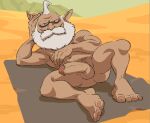  balls beard demon facial_hair feet flaccid genitals hand_on_belly hand_on_head hi_res humanoid looking_at_viewer lying male mature_male on_back penis posduroo pubes sand_land solo thief_(sand 