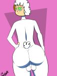 anthro backsack balls big_balls big_butt bovid butt butt_focus caprine curled_hair curly_(curlyboy) curlyboy eyelids fluffy fluffy_tail fur genitals green_eyes hair half-closed_eyes hand_on_hip hi_res horn looking_at_viewer looking_back male mammal narrowed_eyes pink_nose rear_view sheep smile solo standing tail thick_thighs white_body white_fur