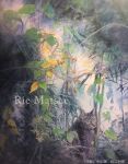 animal artist_name bush cat cat_day forest nature no_humans original outdoors painting_(medium) plant realistic rie_matsue scenery traditional_media vines watercolor_(medium) weeds 