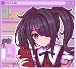  1girl ame-chan_(needy_girl_overdose) black_hair black_nails black_ribbon cellphone chalm_s closed_mouth collared_shirt hair_ornament hair_over_one_eye hand_up highres holding holding_phone long_hair looking_at_viewer nail_polish neck_ribbon needy_girl_overdose outline phone pixel_art red_nails red_shirt ribbon shirt smartphone solo suspenders twintails upper_body window_(computing) x_hair_ornament youtube_creator_award 