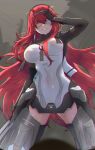  1girl absurdres arm_at_side arm_up bodysuit breasts covered_navel eyepatch hairband head_tilt highres kongbai_huanxiang long_hair looking_at_viewer medium_breasts punishing:_gray_raven red_eyes red_hair sidelocks simple_background smirk solo vera_(punishing:_gray_raven) very_long_hair 
