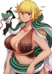  1girl ahoge amazon_warrior animal aosora2823 artist_name black_eyes blonde_hair breasts cleavage commentary epaulettes highres large_breasts looking_at_viewer marguerite_(one_piece) one_piece short_hair simple_background smile snake solo white_background 
