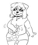 anaugi anthro badger belly_rub bottomwear clothed clothing eyewear fangs female glasses hair jewelry mammal money monochrome mustelid musteline necklace nuggy_(anaugi) shirt short_hair shorts smile solo teeth topwear