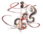  1girl absurdly_long_hair alcohol animal_ears arm_up armpits ass bare_arms bare_legs bare_shoulders barefoot black_hair china_dress chinese_clothes choko_(cup) cup curled_horns dress floating_hair full_body horns long_hair looking_at_viewer moyamoya_(moya11158375) original panties pelvic_curtain pot pouring red_dress red_panties red_ribbon ribbon sake side_slit simple_background sleeveless sleeveless_dress sleeveless_turtleneck solo split standing standing_on_one_leg thighs turtleneck underwear very_long_hair white_background yellow_eyes 