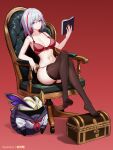  1girl bare_arms bare_shoulders black_thighhighs book bra chair colored_inner_hair commentary_request grey_hair hair_ornament highres holding holding_book honkai:_star_rail honkai_(series) multicolored_hair navel no_shoes numby_(honkai:_star_rail) red_background red_bra red_hair school_uniform serafuku simple_background stomach streaked_hair thighhighs topaz_(honkai:_star_rail) treasure_chest trotter_(honkai:_star_rail) underwear underwear_only yunkaiming 