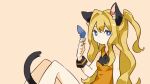  1girl animal_ears blue_eyes cat_ears cat_tail collared_shirt expressionless feathers holding holding_feather knees_up long_hair looking_to_the_side lupin_strawberry seeu shirt sleeveless sleeveless_shirt solo tail two_side_up very_long_hair vocaloid wrist_cuffs 