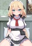  1girl :&lt; absurdres apron black_skirt blonde_hair blue_eyes blush braid braided_bangs breasts commentary_request frilled_apron frilled_skirt frills g36_(girls&#039;_frontline) girls&#039;_frontline hair_between_eyes highres indoors long_hair looking_at_viewer maid maid_headdress medium_breasts painting_(object) parted_lips pillow puffy_short_sleeves puffy_sleeves rinringyo shirt short_sleeves single_braid sitting skirt solo triangle_mouth v-shaped_eyebrows very_long_hair white_apron white_shirt 